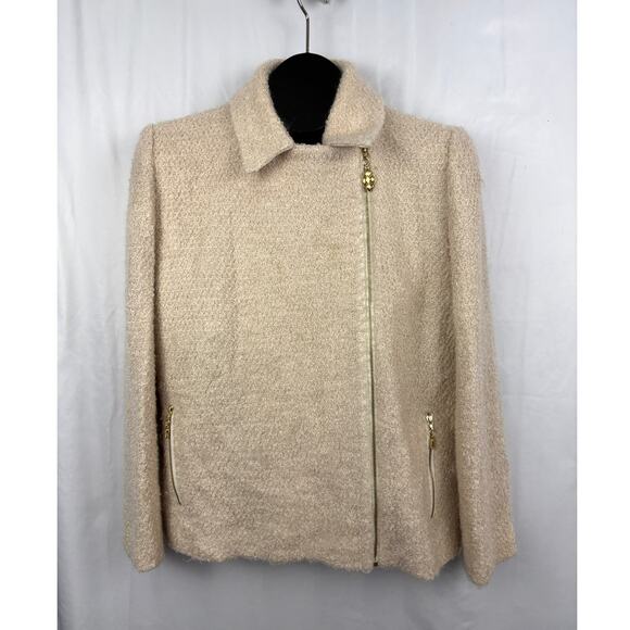 VTG St. John Collection Marie Gray Jacket Cream Asymmetrical Zip Wool USA Sz 12 - Picture 15 of 16
